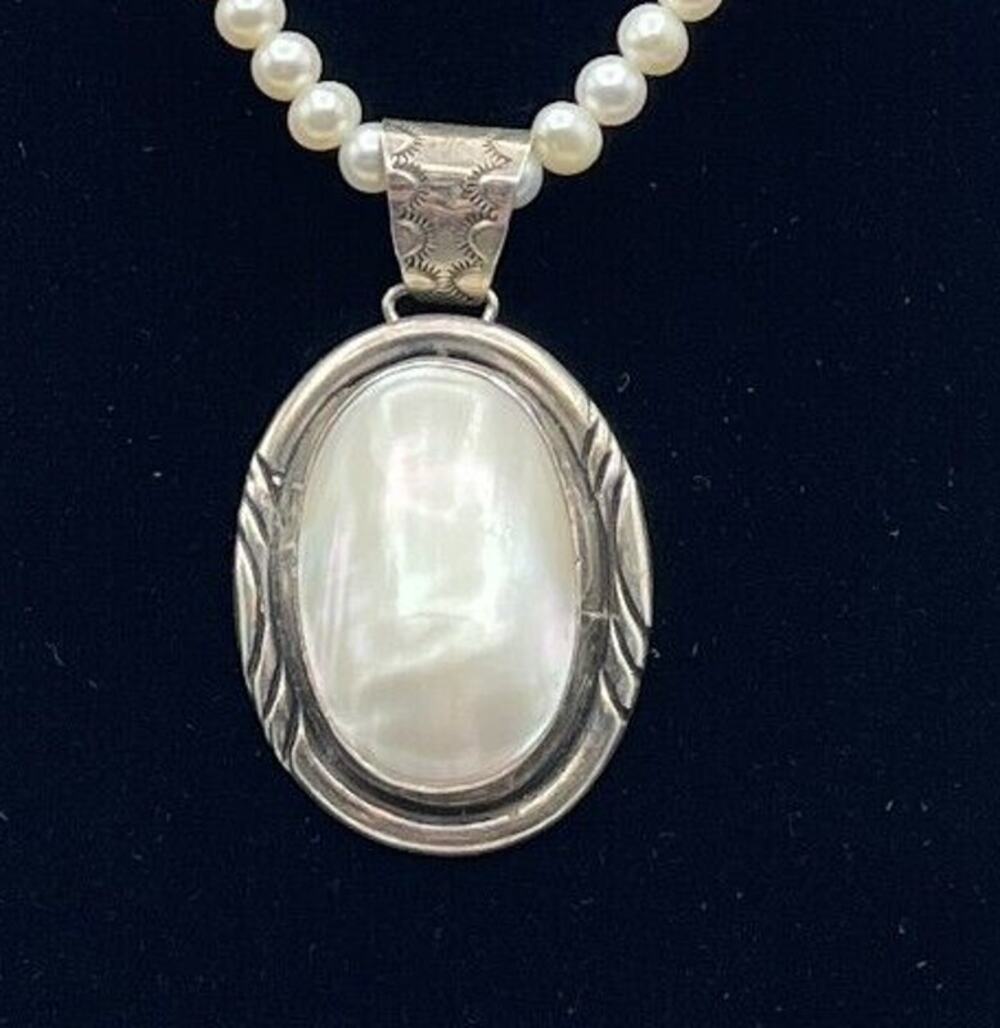 Oval Mother of Pearl Sterling Silver Pendant Signed OD 16 grams Southwestern VTG